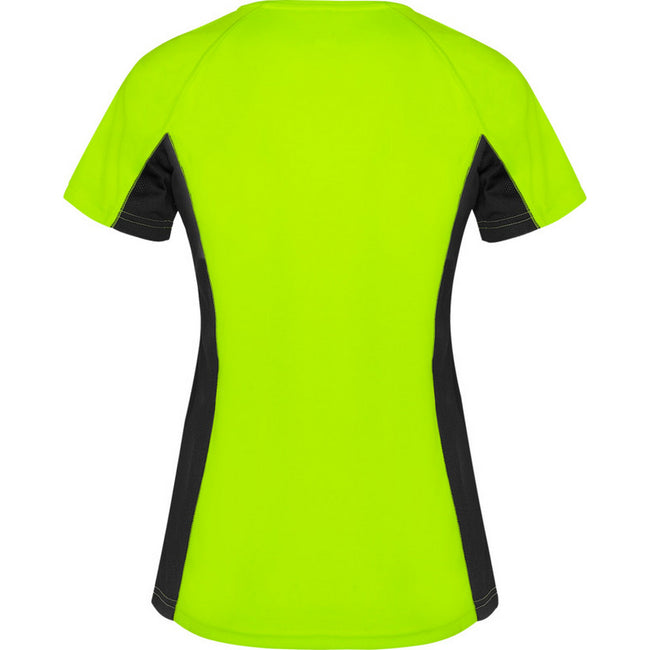 Fluro Green-Solid Black - Back - Roly Womens-Ladies Shanghai Short-Sleeved Sports T-Shirt
