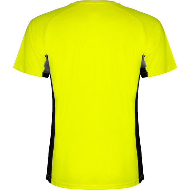 Fluro Yellow-Solid Black - Back - Roly Childrens-Kids Shanghai Short-Sleeved Sports T-Shirt