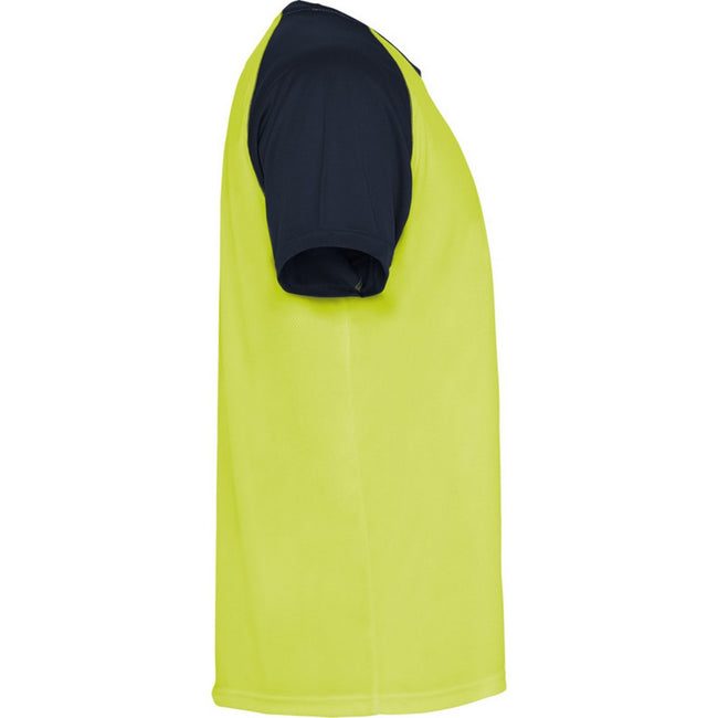 Fluro Yellow-Navy Blue - Side - Roly Childrens-Kids Indianapolis Short-Sleeved Sports T-Shirt