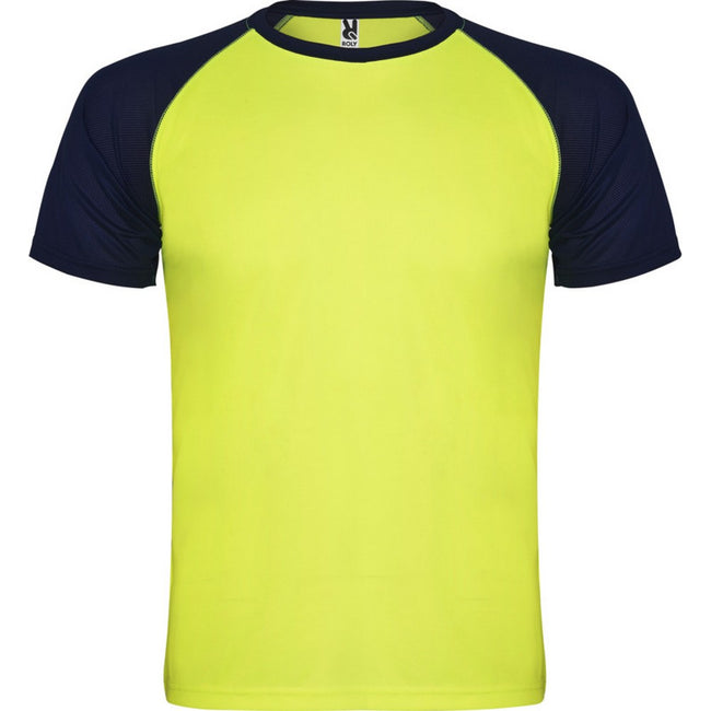 Fluro Yellow-Navy Blue - Front - Roly Childrens-Kids Indianapolis Short-Sleeved Sports T-Shirt