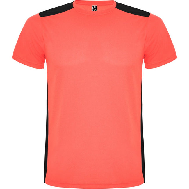 Fluorescent Coral-Solid Black - Front - Roly Unisex Adult Detroit Short-Sleeved Sports T-Shirt