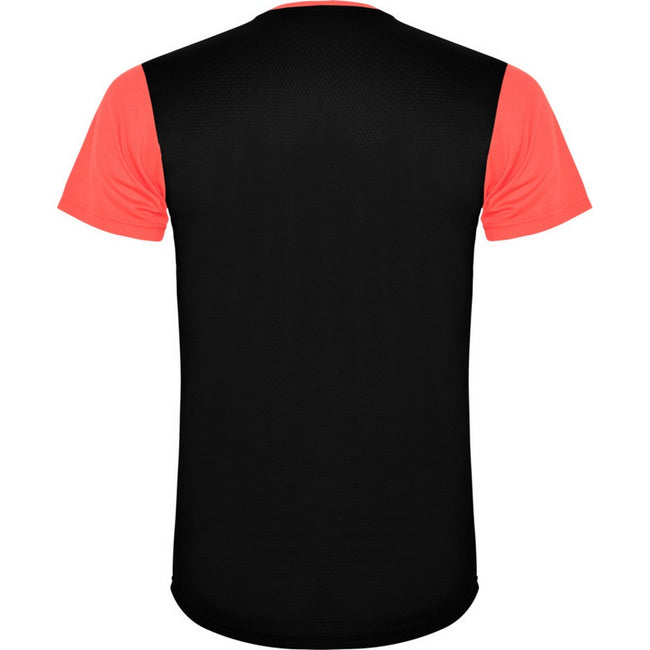 Fluorescent Coral-Solid Black - Back - Roly Unisex Adult Detroit Short-Sleeved Sports T-Shirt