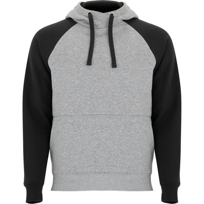 Heather Grey-Solid Black - Front - Roly Childrens-Kids Badet Two Tone Drawstring Hoodie