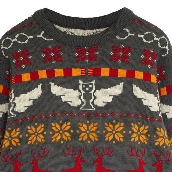 Grey-Red-Yellow - Side - Harry Potter Mens Icons Fair Isle Knitted Christmas Jumper