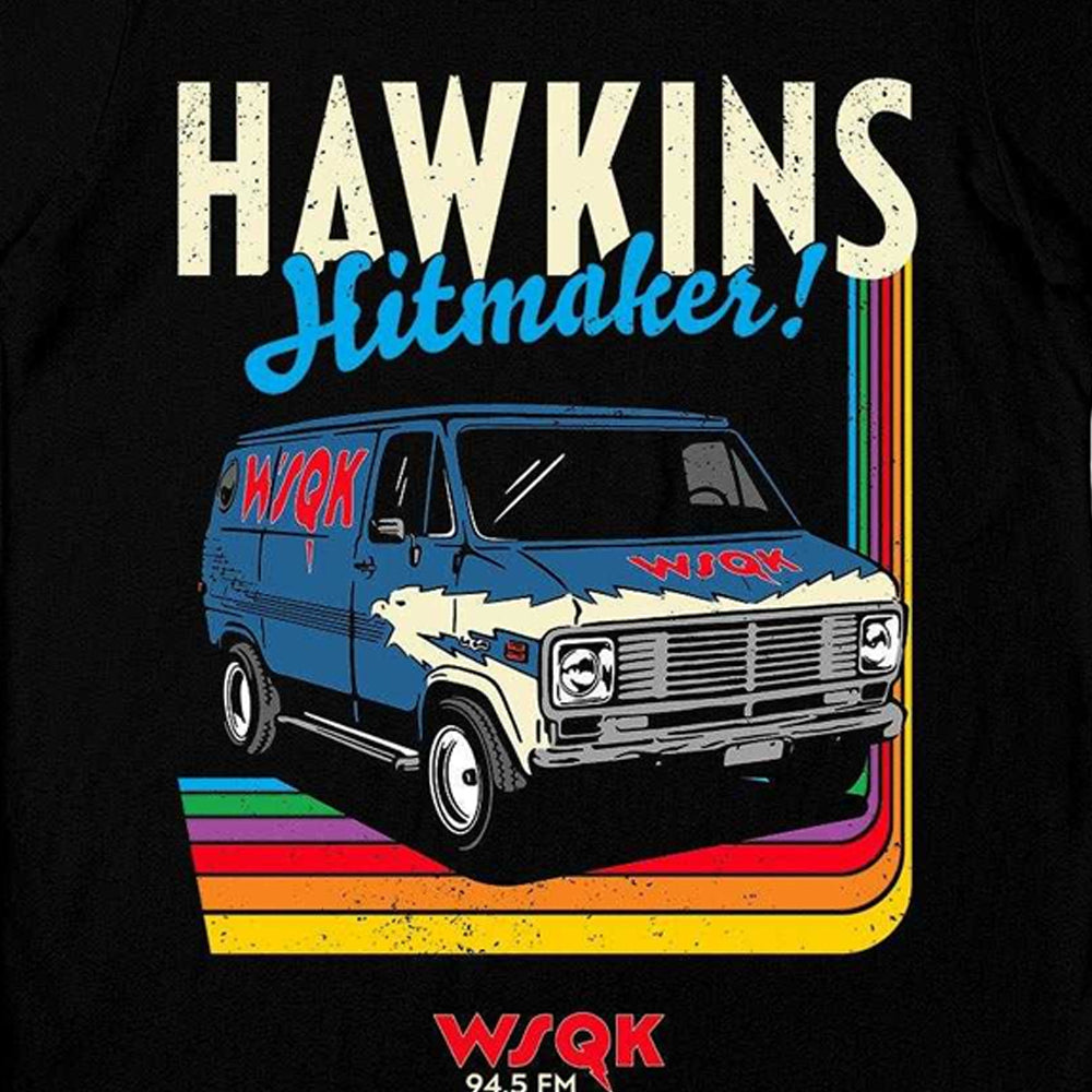 Black - Side - Stranger Things 5 Unisex Adult Hawkins Hitmakers T-Shirt