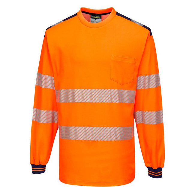 Orange-Navy - Front - Portwest Mens PW3 Knitted Hi-Vis Comfort Long-Sleeved Safety T-Shirt