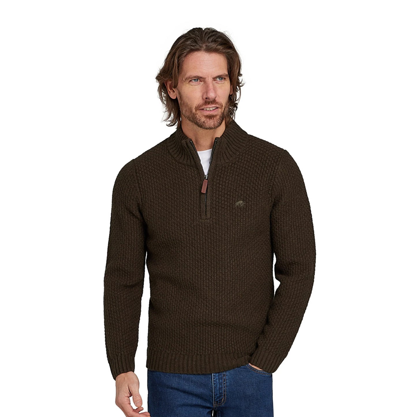 Khaki - Side - Raging Bull Mens Textured Chunky Knit Quarter Zip Pullover