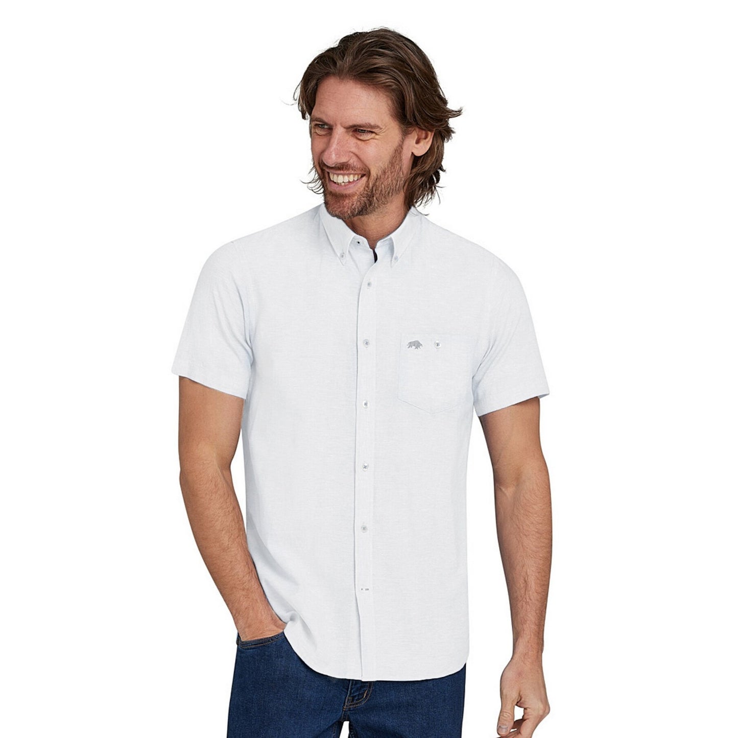 Chambray-White - Pack Shot - Raging Bull Mens Linen Short-Sleeved Shirt (Pack of 2)