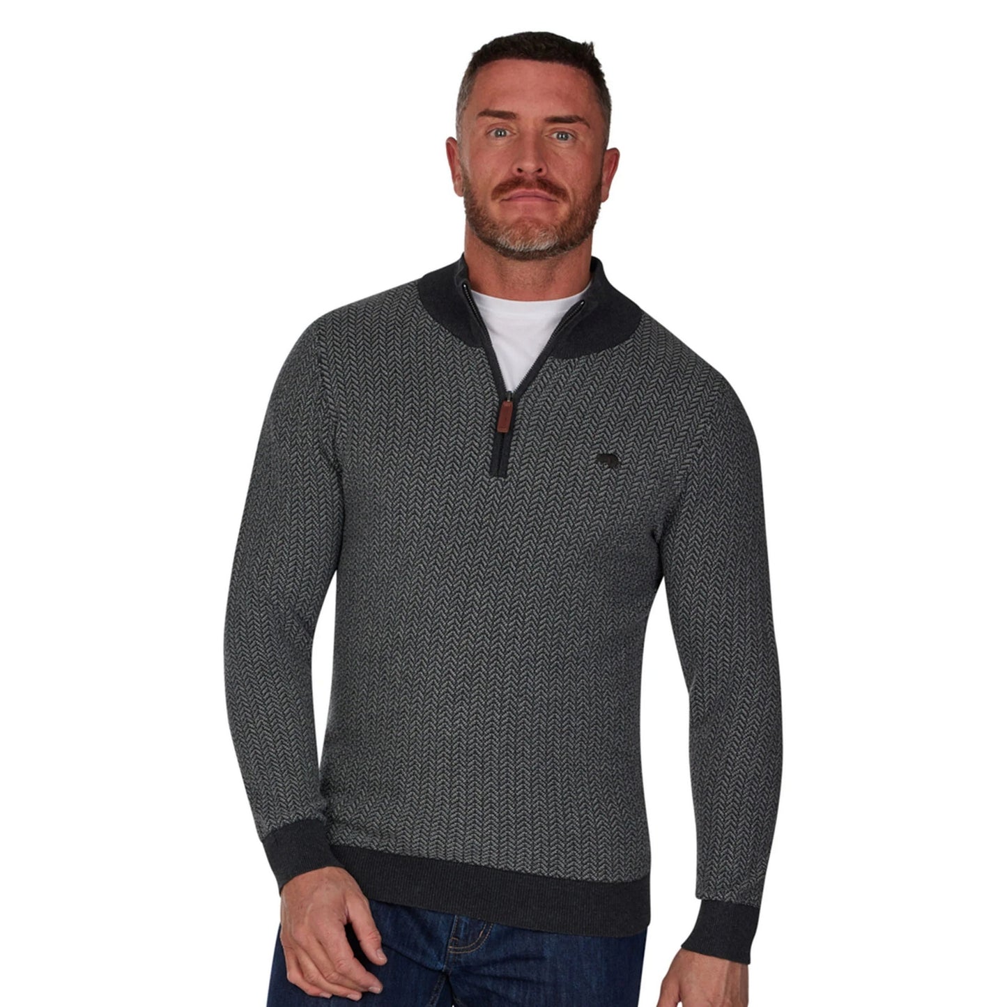 Grey Marl - Side - Raging Bull Mens Herringbone Textured Knit Quarter Zip Pullover
