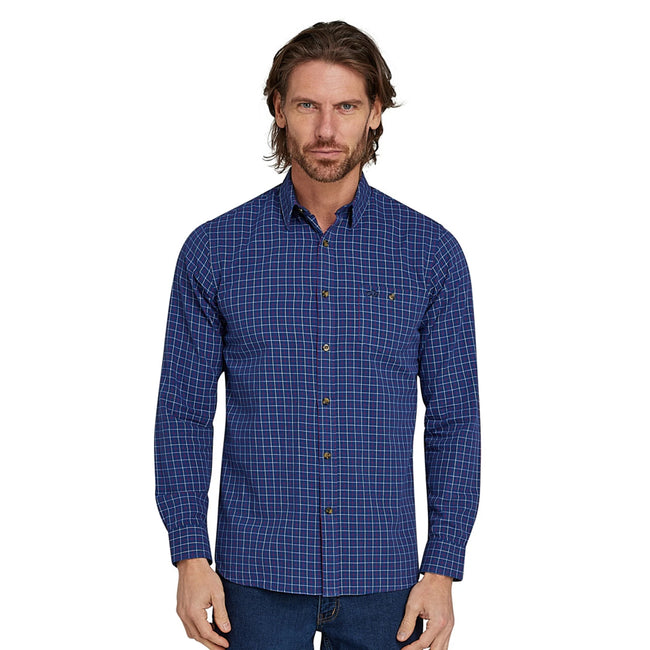 Navy - Side - Raging Bull Mens Windowpane Check Brushed Cotton Long-Sleeved Shirt