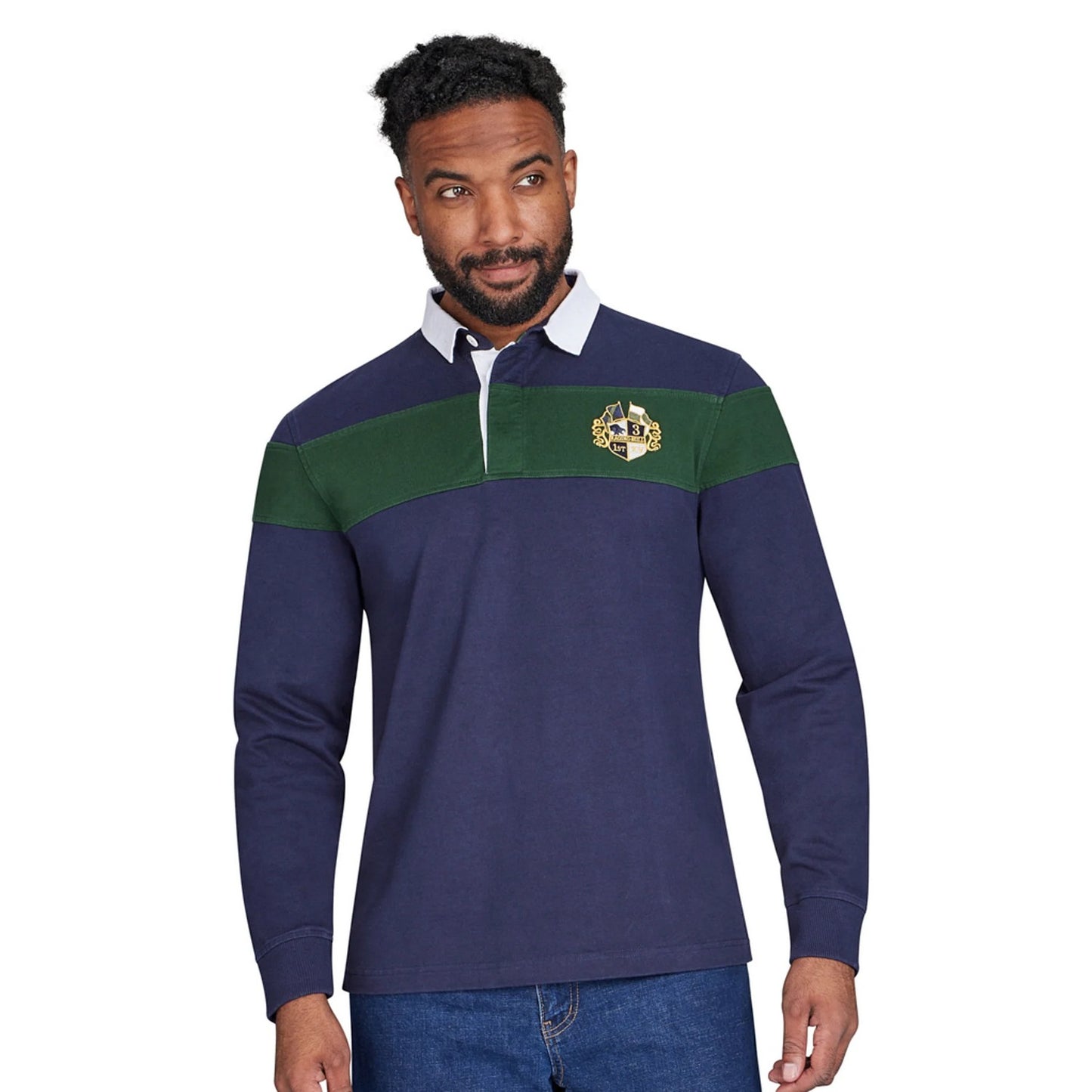 Navy - Pack Shot - Raging Bull Mens Embroidered Long-Sleeved Rugby Shirt