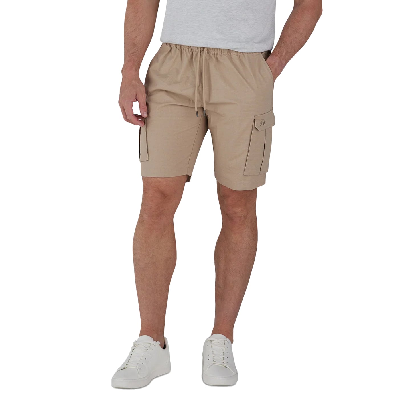Tan - Side - Raging Bull Mens Twill Elasticated Waist Cargo Shorts