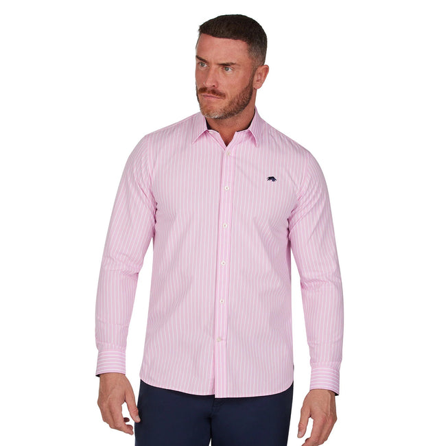 Pink - Side - Raging Bull Mens Classic Stripe Long-Sleeved Shirt