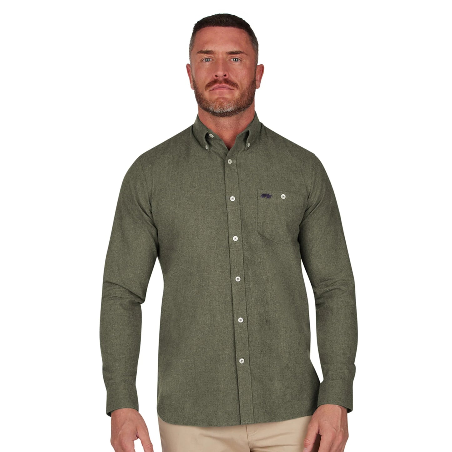 Khaki Green - Side - Raging Bull Mens Brushed Twill Long-Sleeved Shirt