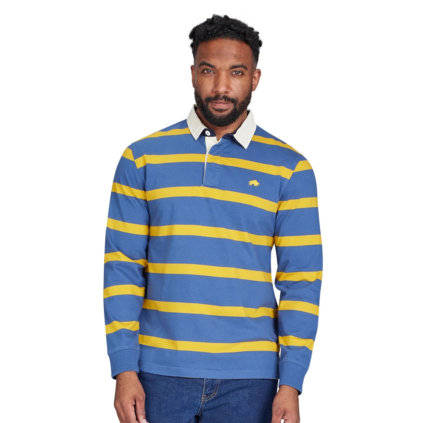 Yellow-Blue - Side - Raging Bull Mens Thin Stripe Long-Sleeved Rugby Shirt