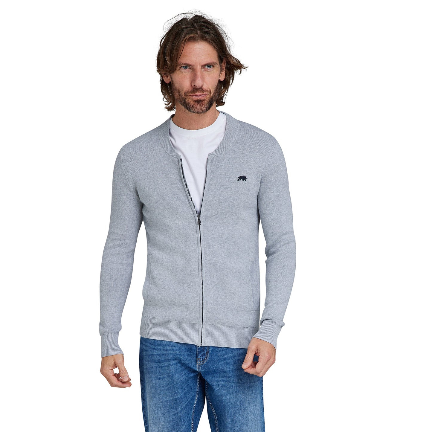 Grey Marl - Side - Raging Bull Mens Knitted Baseball Collar Cardigan