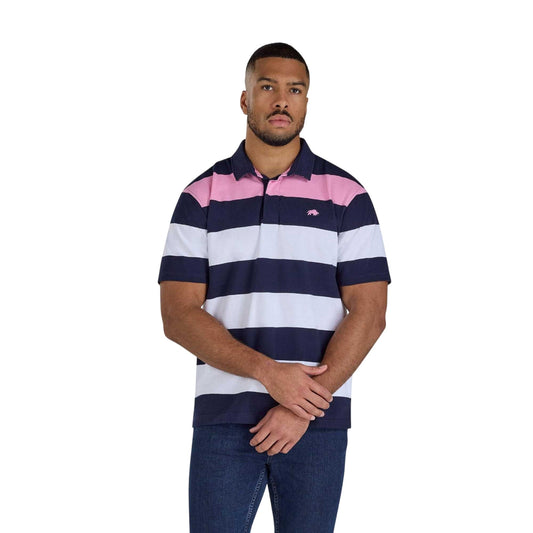 Navy-White-Pink - Front - Raging Bull Mens Irregular Stripe Jersey Rugby Polo Shirt