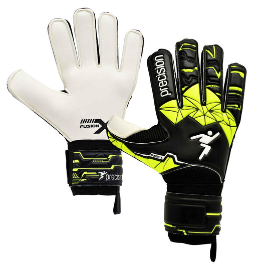 Black-Fluorescent Yellow - Front - Precision Unisex Adult Fusion X Flat Cut Finger Protect Goalkeeper Gloves
