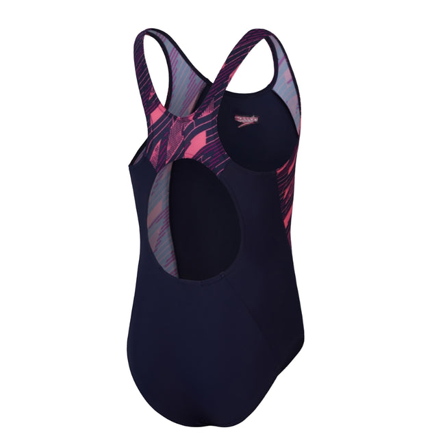 Navy-Pink - Back - Speedo Girls Hyperboom Splice Muscleback One Piece Swimsuit