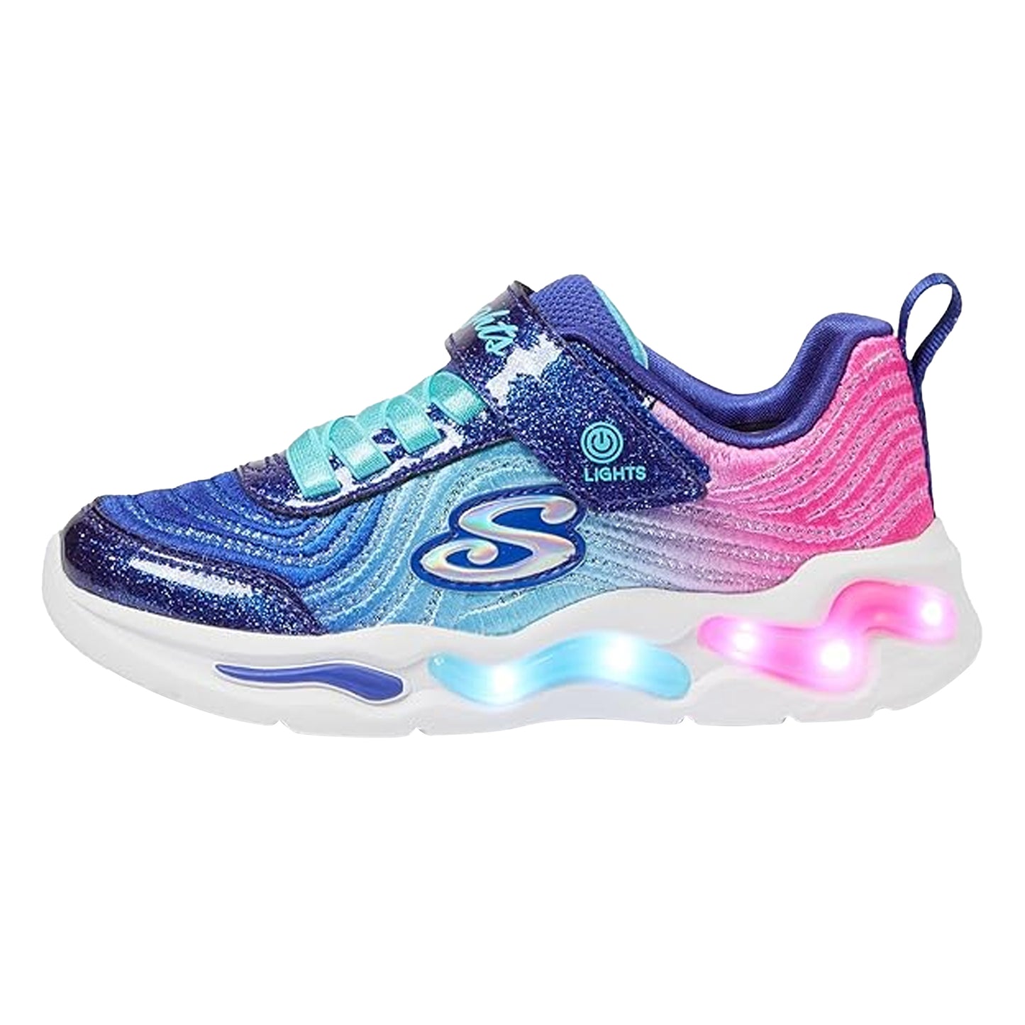 Navy-Mint - Close up - Skechers Childrens-Kids Wavy Beams Light Up Trainers