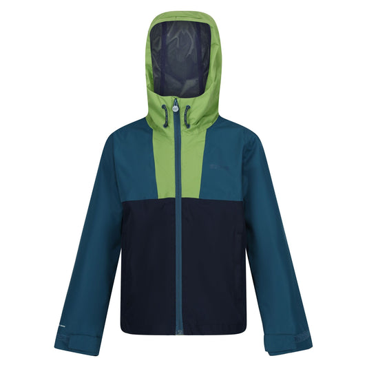 Piquant Green-Moroccan Blue-Navy - Front - Regatta Childrens-Kids Hanleigh Waterproof Jacket