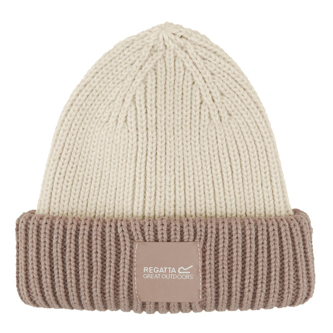 Light Vanilla-Warm Taupe - Front - Regatta Childrens-Kids Connora Fisherman Logo Beanie