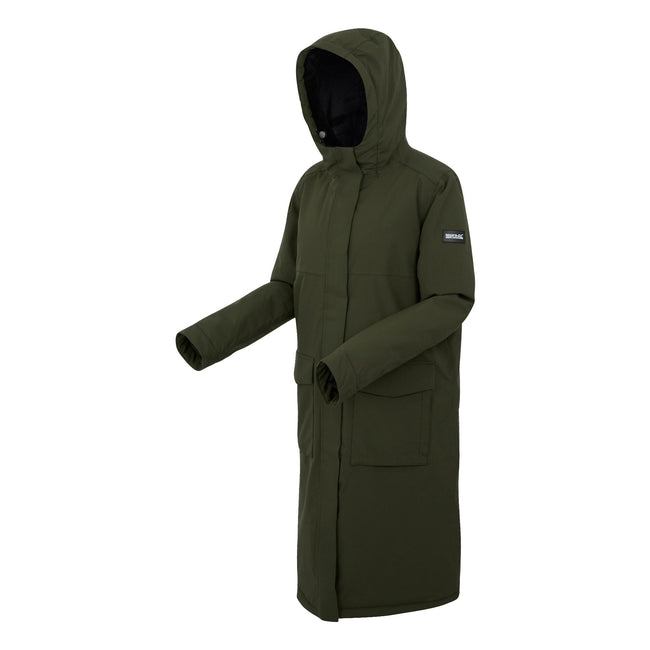 Dark Khaki-Black - Side - Regatta Womens-Ladies Yarli Longline Waterproof Jacket