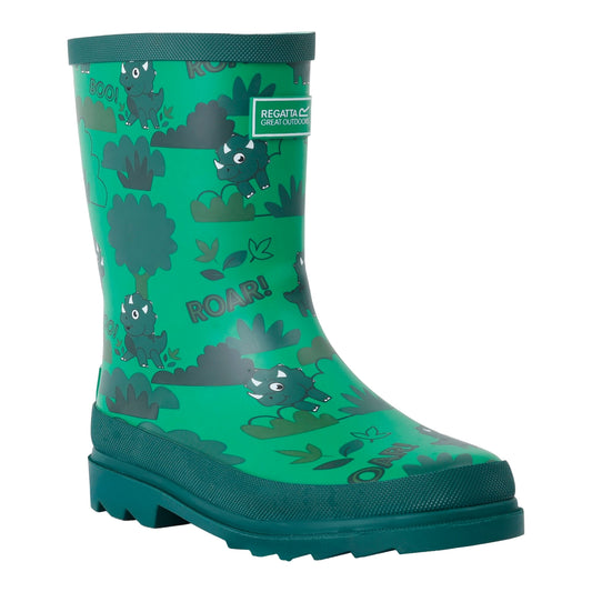 Green - Front - Regatta Childrens-Kids Mudplay II Stompy The Dinosaur Wellington Boots