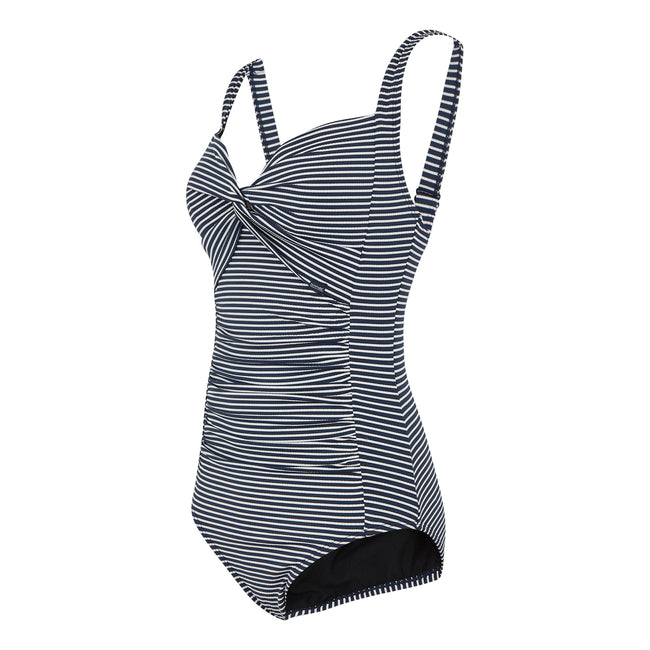 Navy-White - Side - Regatta Womens-Ladies Stripe Seersucker Tummy Control One Piece Swimsuit