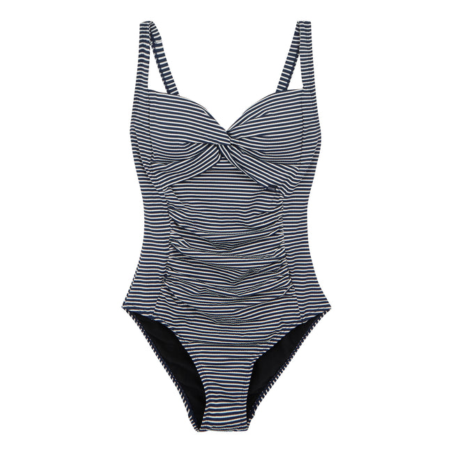 Navy-White - Front - Regatta Womens-Ladies Stripe Seersucker Tummy Control One Piece Swimsuit