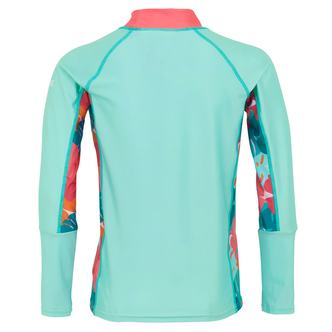 Aruba Blue-Peach Bloom-Tropical - Back - Regatta Childrens-Kids Hoku II Tropical Leaves Swim Top