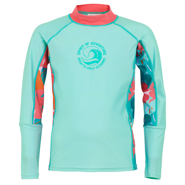 Aruba Blue-Peach Bloom-Tropical - Front - Regatta Childrens-Kids Hoku II Tropical Leaves Swim Top