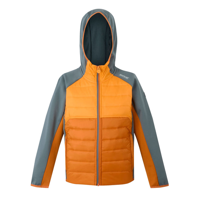 Fox-Bright Marigold-Stormy Weather - Front - Regatta Childrens-Kids Kielder IX Hybrid Jacket