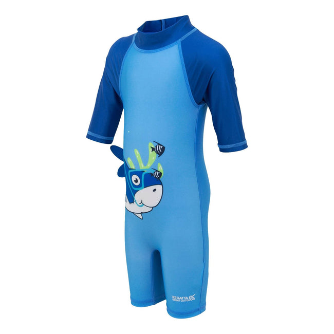 Elysium Blue-Hawaiian Blue - Side - Regatta Childrens-Kids Bubble The Shark Rash Guard Swimsuit