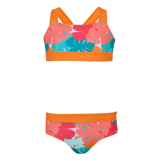 Orange-Blue-Pink - Front - Regatta Girls Dakaria III Tropical Leaves Bikini Set