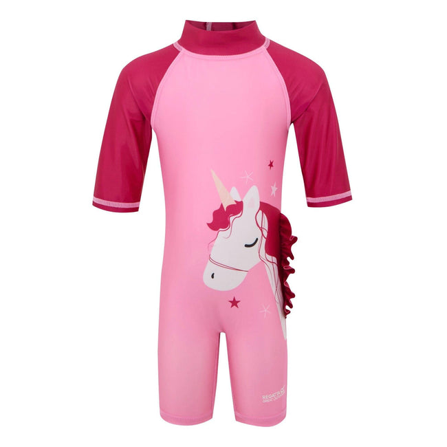 Sweet Pink - Front - Regatta Childrens-Kids Luna Unicorn One Piece Swimsuit