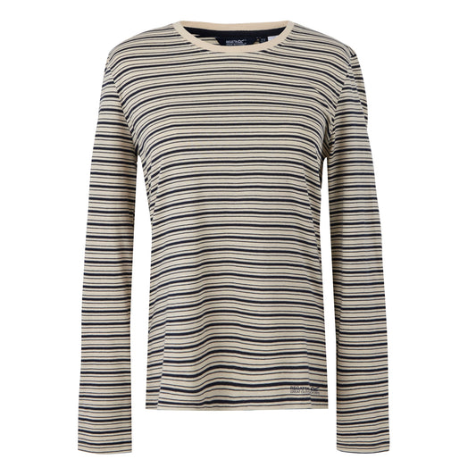 Light Vanilla-Navy - Front - Regatta Womens-Ladies Federica Stripe Long-Sleeved T-Shirt