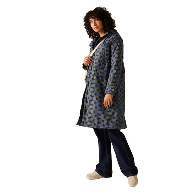 Blue-Dark Olive - Close up - Regatta Womens-Ladies Orla Kiely Floral Long Length Waterproof Jacket