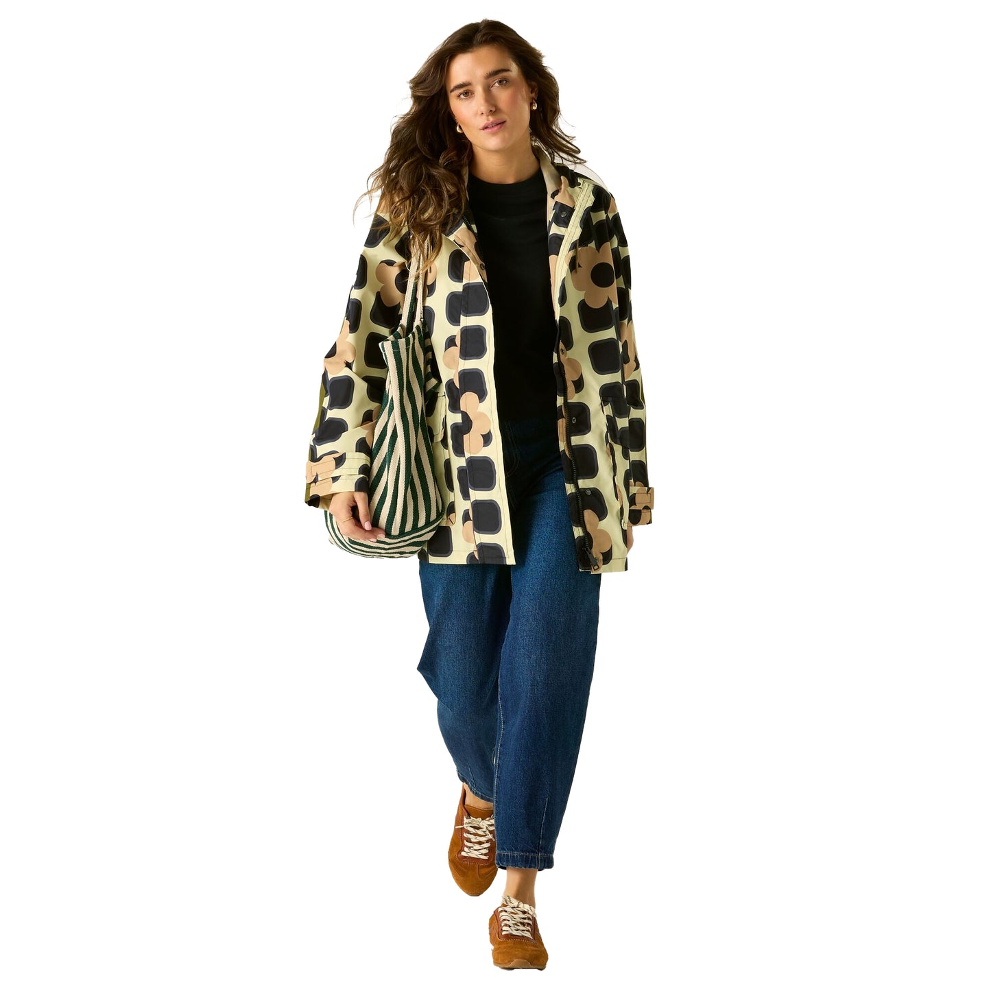Monochrome - Close up - Regatta Womens-Ladies Orla Kiely Giant Square Flower Mid Length Waterproof Jacket
