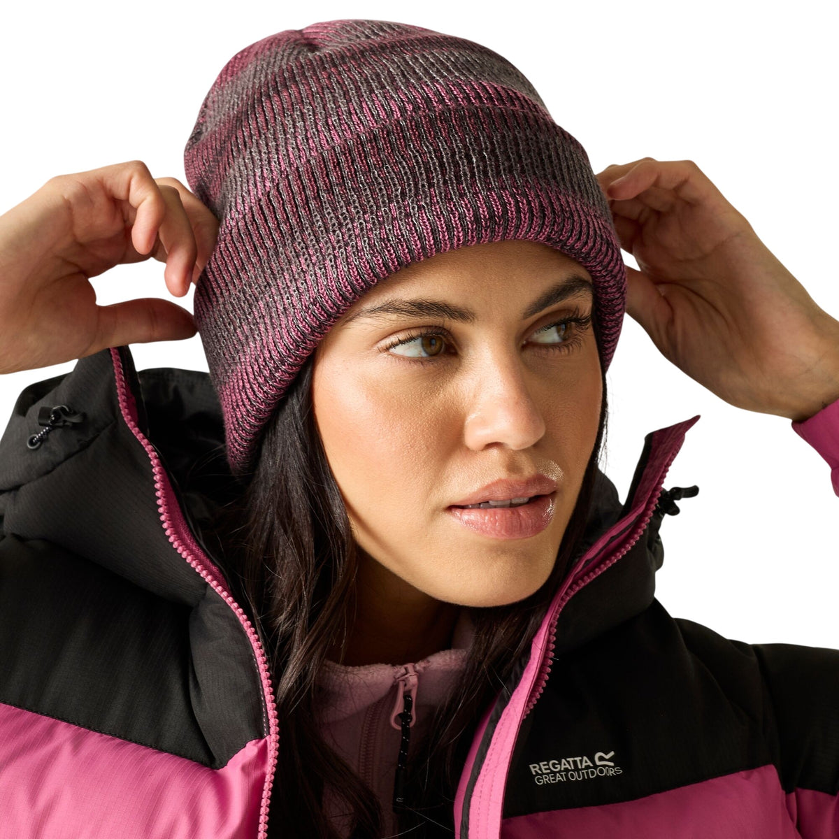 Black-Fig-Violet - Close up - Regatta Reflective Rib Knit Beanie