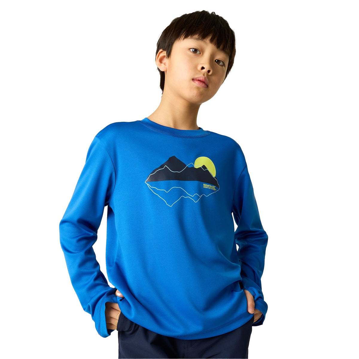 Olympian Blue - Close up - Regatta Childrens-Kids Alvarado Mountain Scene Long-Sleeved T-Shirt
