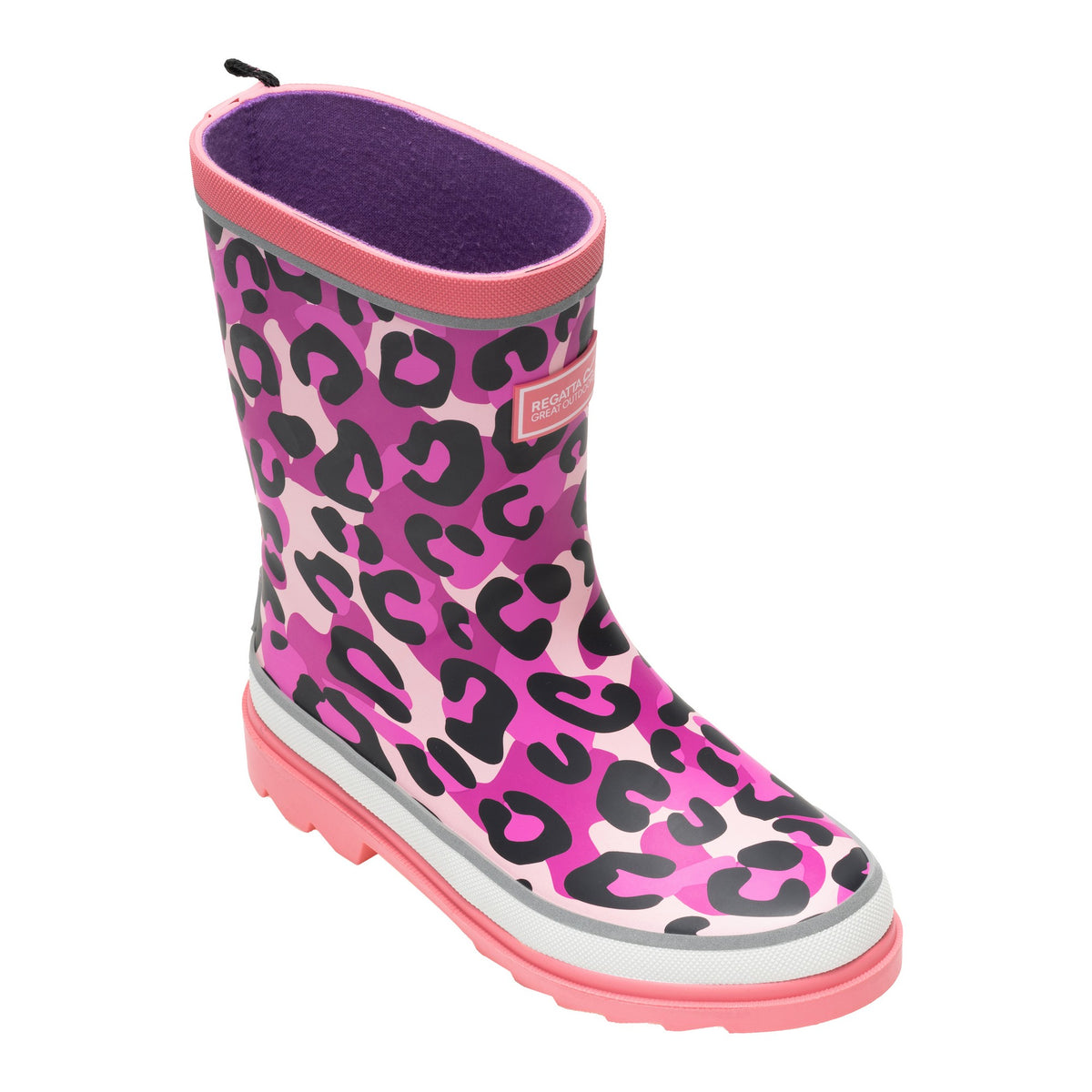 Pink Lemonade - Close up - Regatta Childrens-Kids Mudplay III Leopard Print Wellington Boots