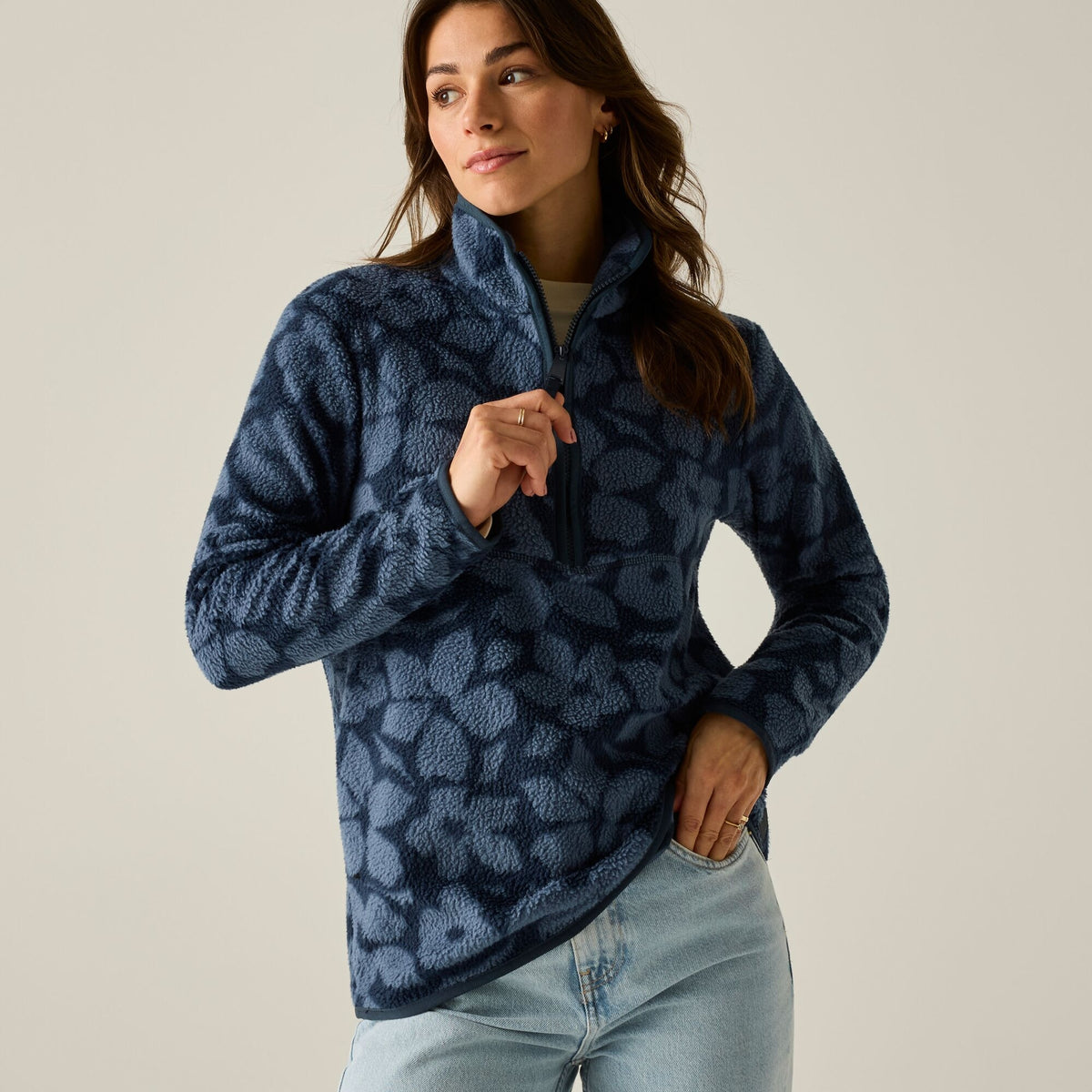 Navy - Close up - Regatta Womens-Ladies Frankie Shadow Flower Borg Half Zip Fleece Jacket