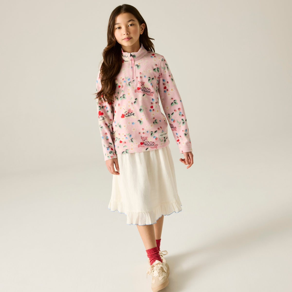 Pink - Close up - Regatta Childrens-Kids Cath Kidston Puppy Floral Half Zip Fleece Top