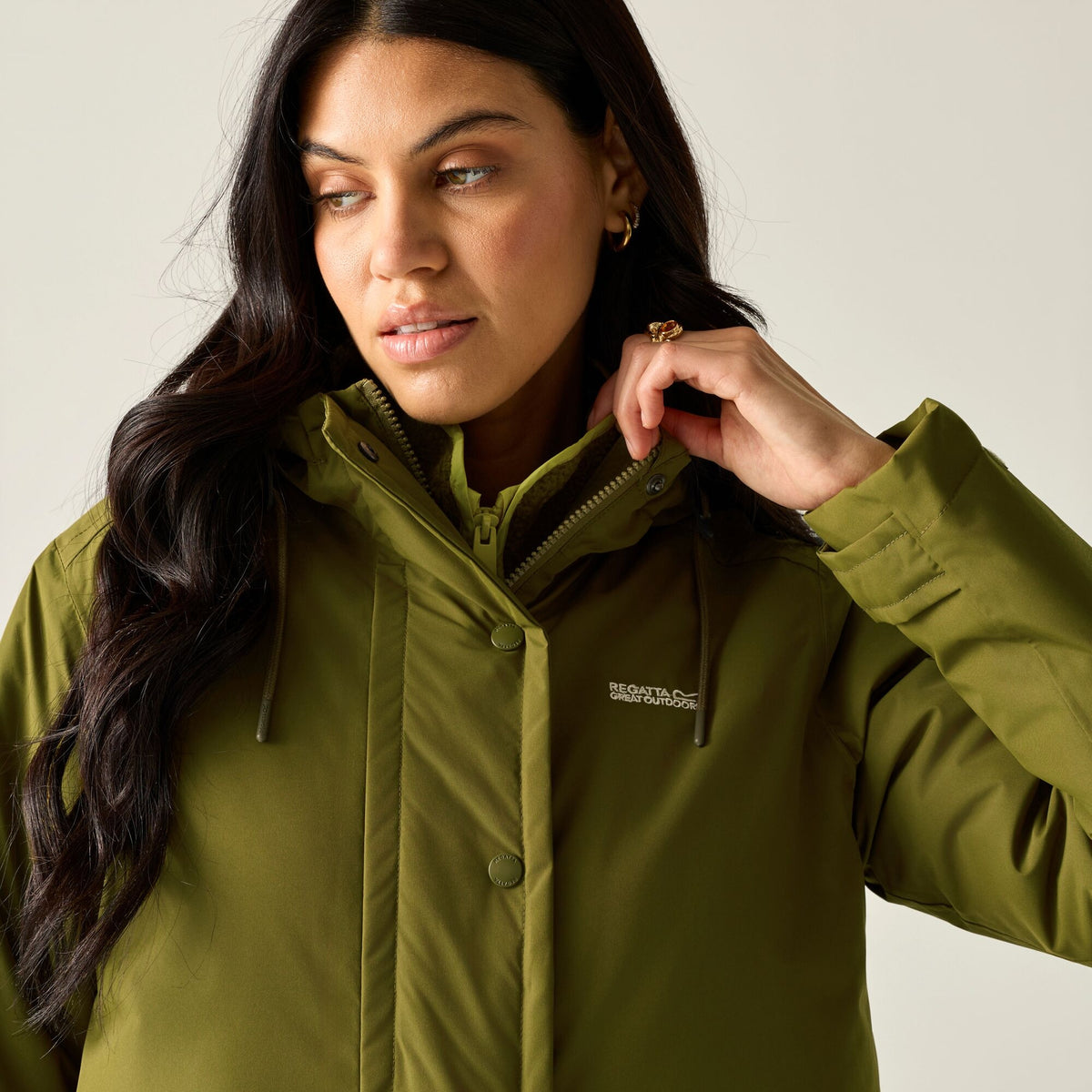 Fur Green-Olive - Close up - Regatta Womens-Ladies Orla Kiely Insulated Longline Waterproof Jacket