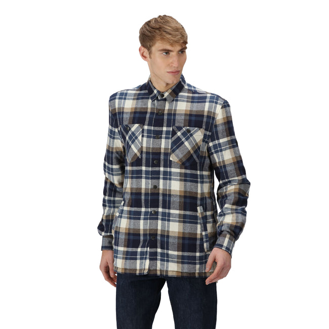 Navy-Gold Sand - Side - Regatta Mens Thamos Checked Long-Sleeved Shirt