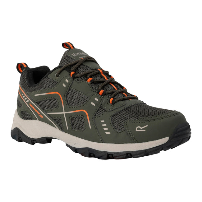 Dark Khaki-Blaze Orange - Front - Regatta Mens Vendeavour Waterproof Walking Shoes
