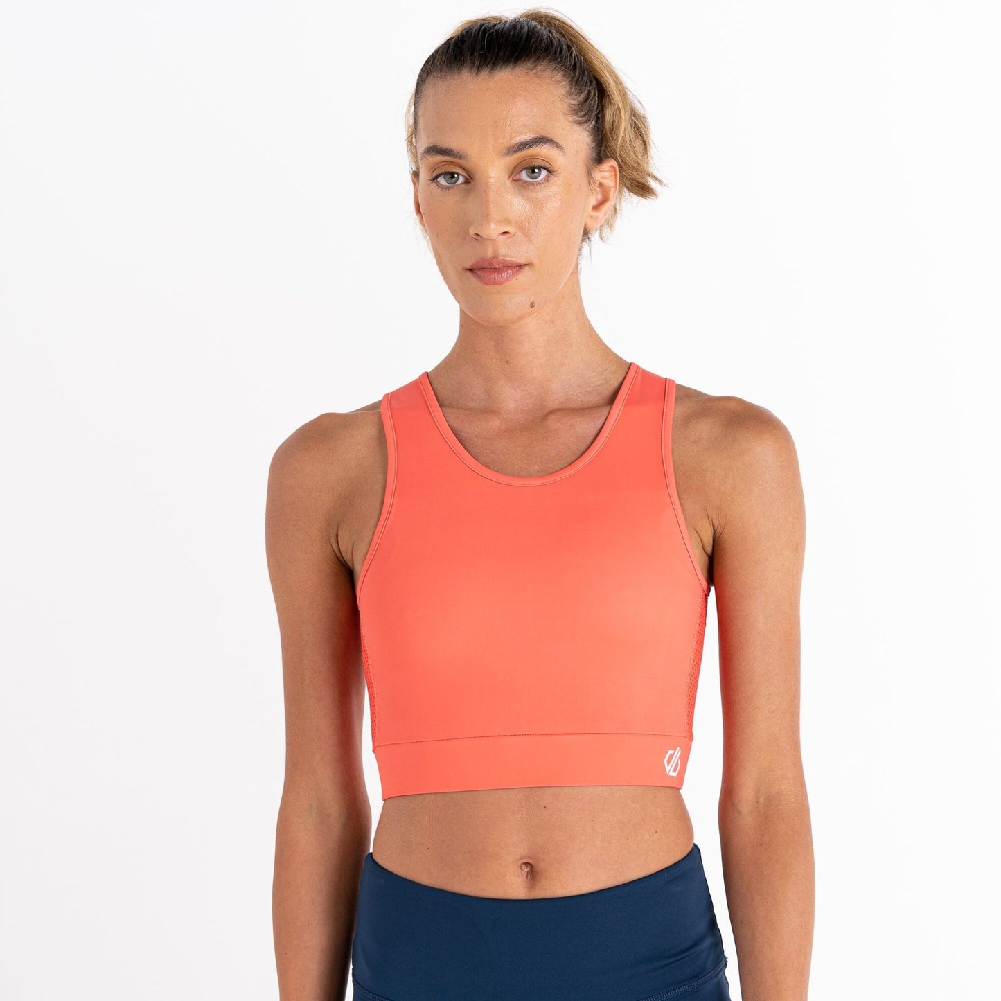Neon Peach - Close up - Dare 2B Womens-Ladies Fleur East Edit Move Logo High-Neck Sports Bra