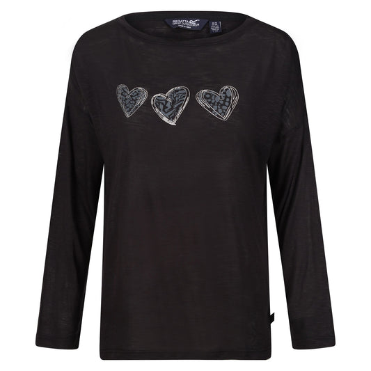 Black - Front - Regatta Womens-Ladies Carlene Hearts Long-Sleeved T-Shirt