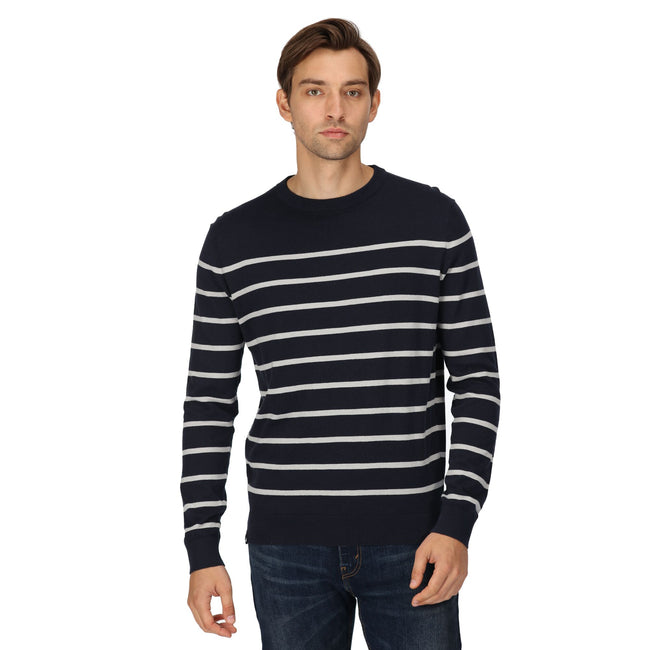 Navy-Silver Grey - Close up - Regatta Mens Cautley Striped Knitted Jumper